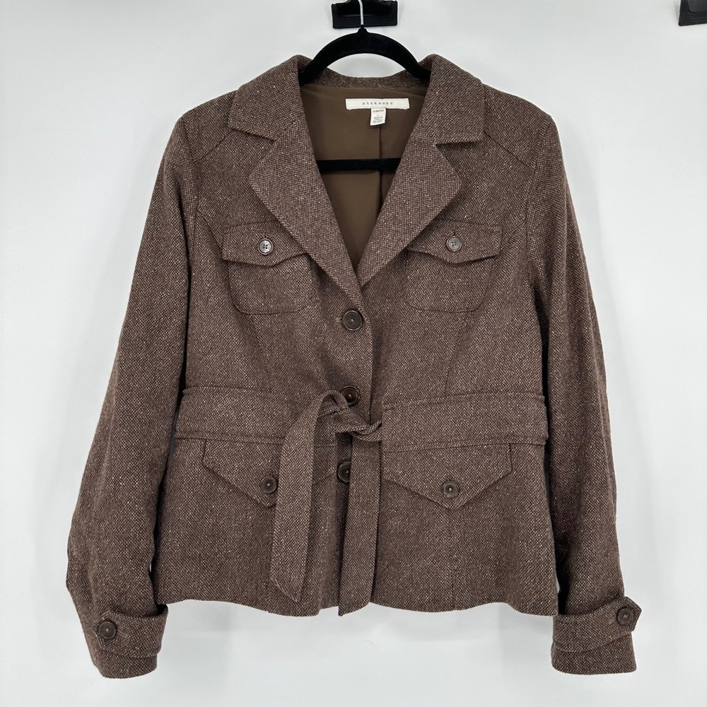 VTG Allegory Brown Tweed Wool Blend Button Front Belted Coat Utility Jacket L